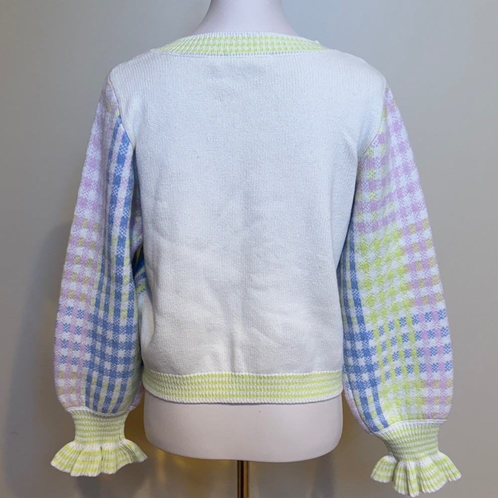 LoveShackFancy Pastel Gingham Knit Cardigan Ruffle Cuff Button Front Size M - Picture 3 of 6